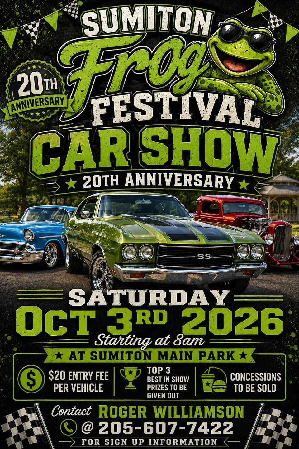 Poster: Frog Festival Car Show, Saturday October 3rd 2026 at Sumiton Main Park