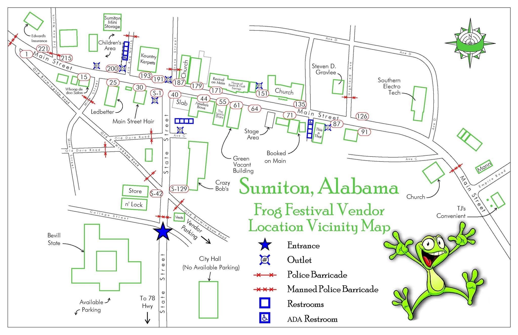 Frog Festival vendor location map of downtown Sumiton showing the entrance, restrooms, barricades and Bevill State parking
